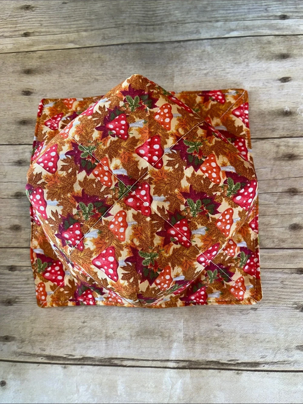 Microwave Bowl Cozy Fabric Bowl Fall/Autumn Mushrooms/Plaid Orange Brown Red